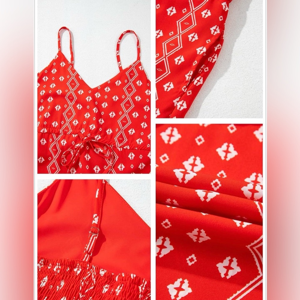 NWOT Red Print Boho Tiered Summer Maxi Dress with Adjustable Spaghetti Straps - Picture 12 of 14